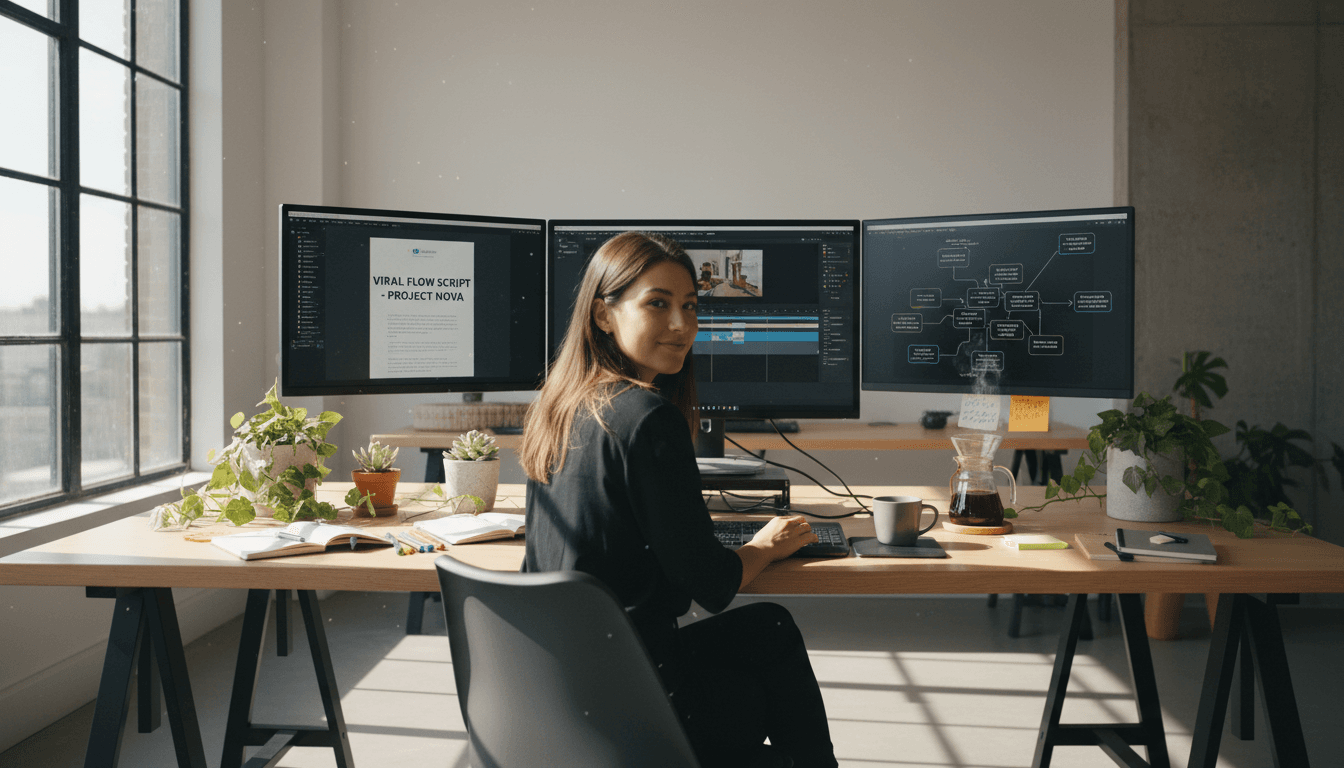 Content creator actively brainstorming and editing at their desk