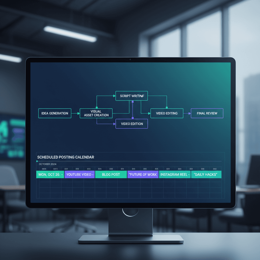 Automated workflow showing content pipeline from creation to publishing